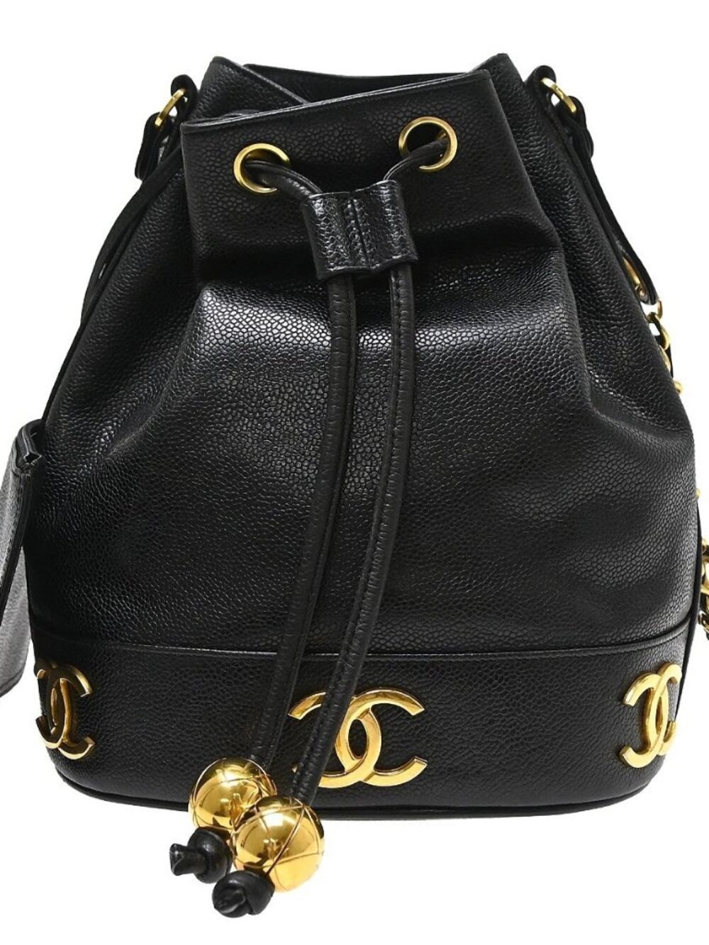 Best07 Chanel Black Calfskin Triple CC Drawstring Shoulder Bag KQ01526